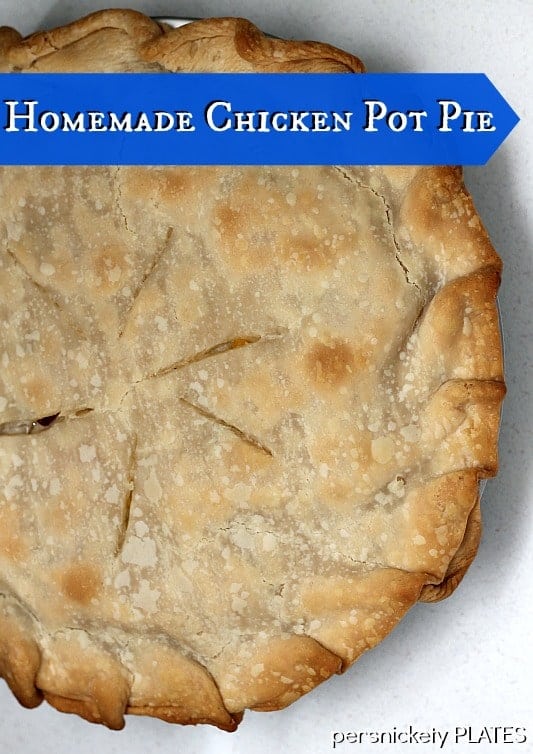 Homemade Easy Chicken Pot Pie is my idea of comfort food! Tender chicken, vegetables, and gravy, baked into a flaky pastry crust. This easy chicken pot pie recipe is a great use for turkey leftovers, too! Semi-homemade Chicken Pot Pie