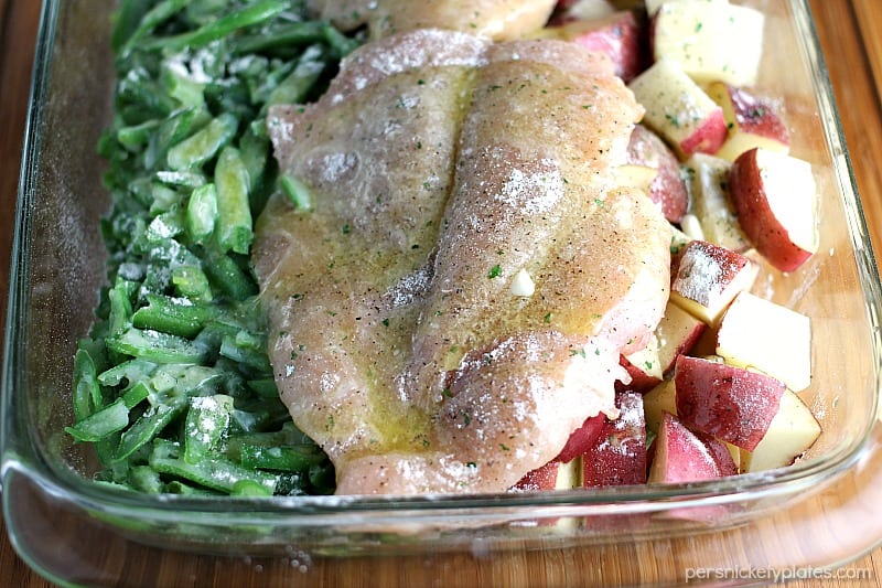 Ranch Chicken Veggie Bake is ideal for busy moms who hate cleaning up a ton of dinner dishes! This one-dish meal has chicken, veggies, and potatoes!