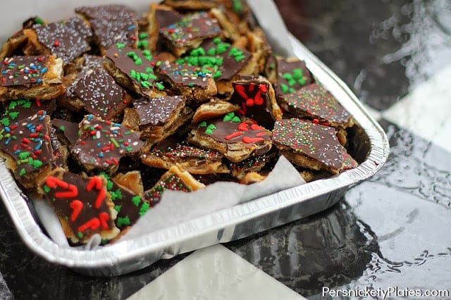Chocolate Saltine Peanut Butter Toffee {Christmas Crack} | Persnickety Plates tray of christmas crack
