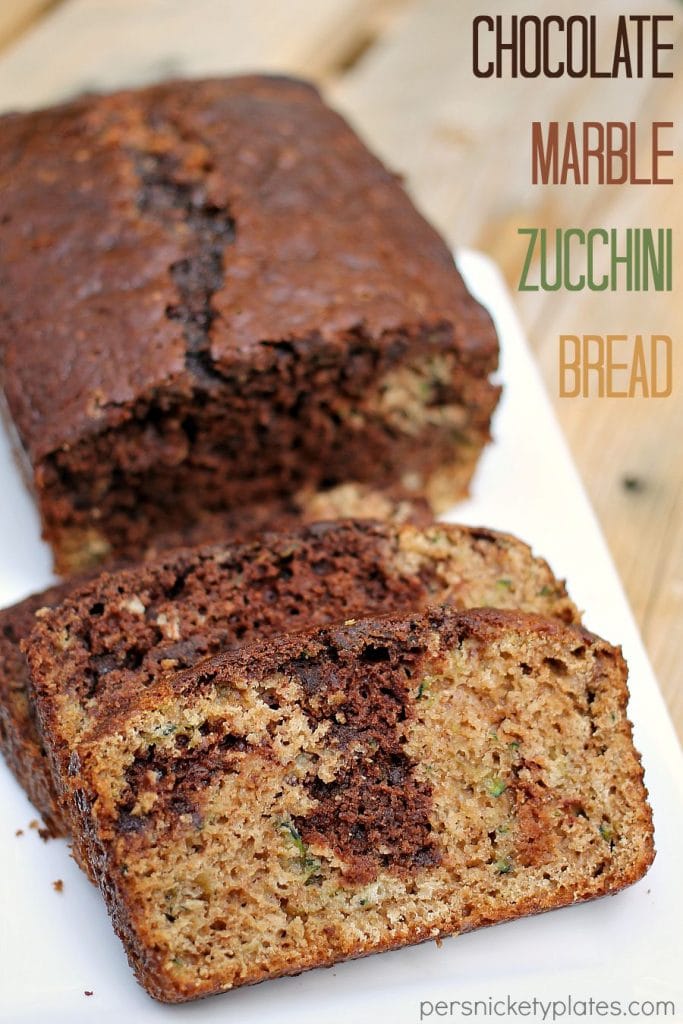 Chocolate Marble Zucchini Bread - give classic zucchini bread an upgrade when you swirl in chocolate batter and mini chocolate chips! | www.persnicketyplates.com Classic zucchini bread gets an upgrade when you swirl in chocolate and chocolate chips! | Persnickety Plates