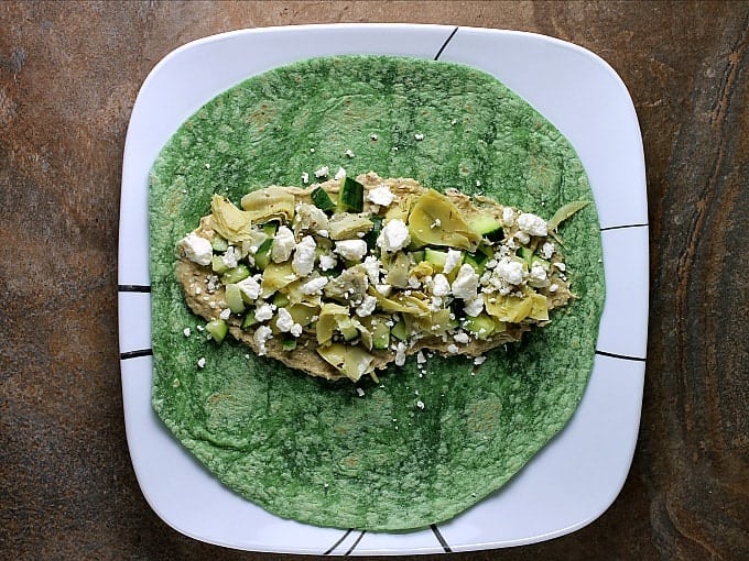 Vegetarian Mediterranean Wrap is a fresh, healthy vegetarian sandwich that takes all of five minutes to throw together. It's great for an on-the-go lunch! | Persnickety Plates