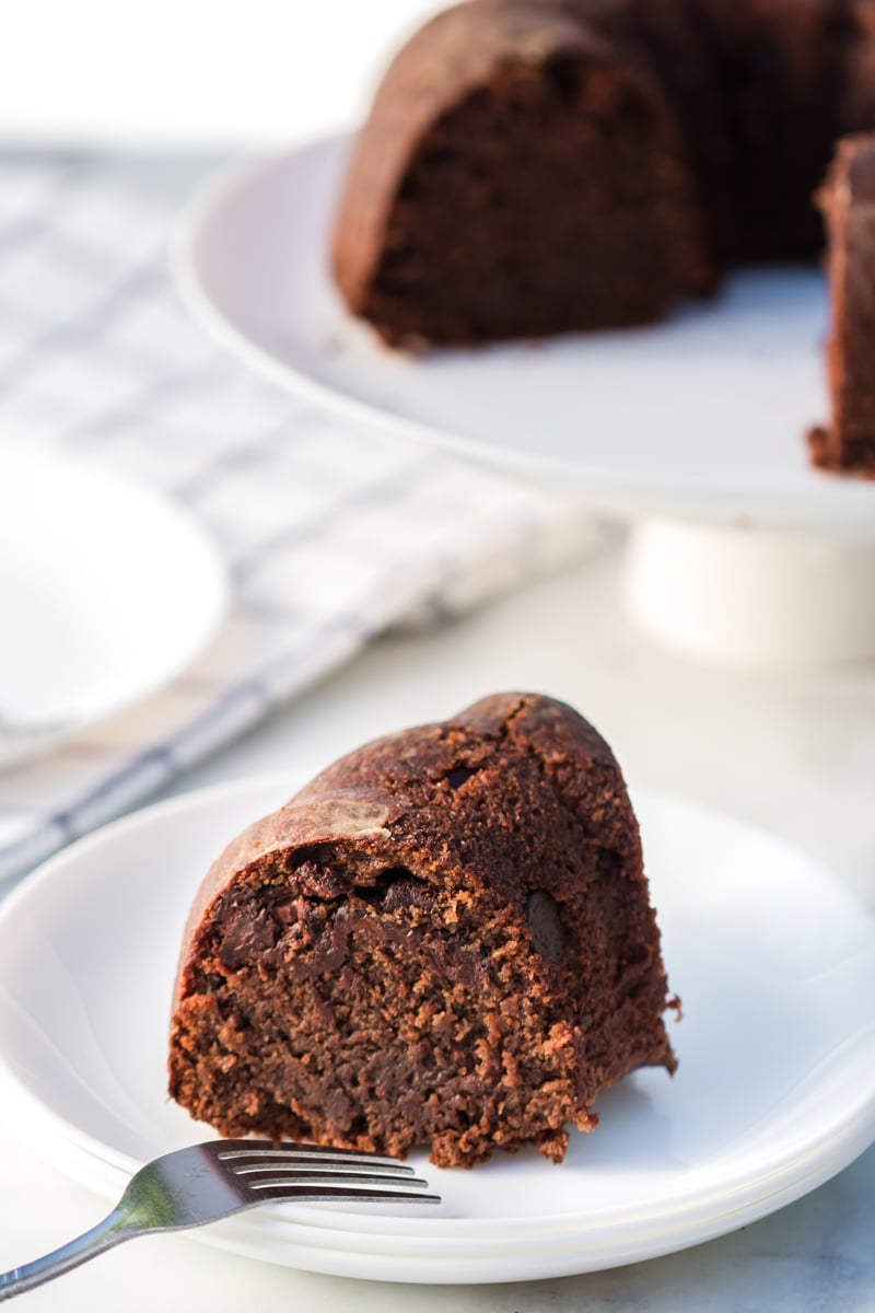 slice of chocolate pound cake on white plate