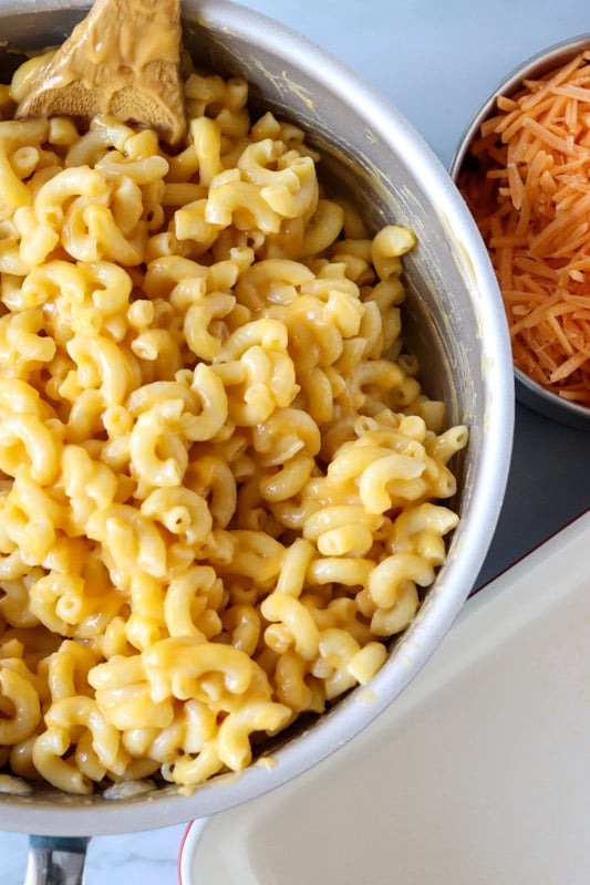 overhead shot of a pot of macaroni noodles
