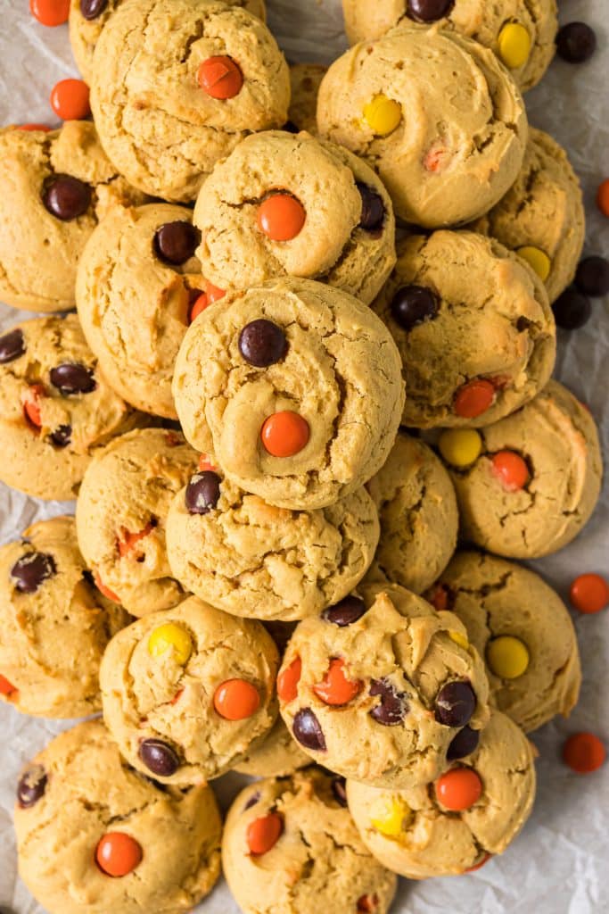 overhead shot of platter of reese's pieces cookies.