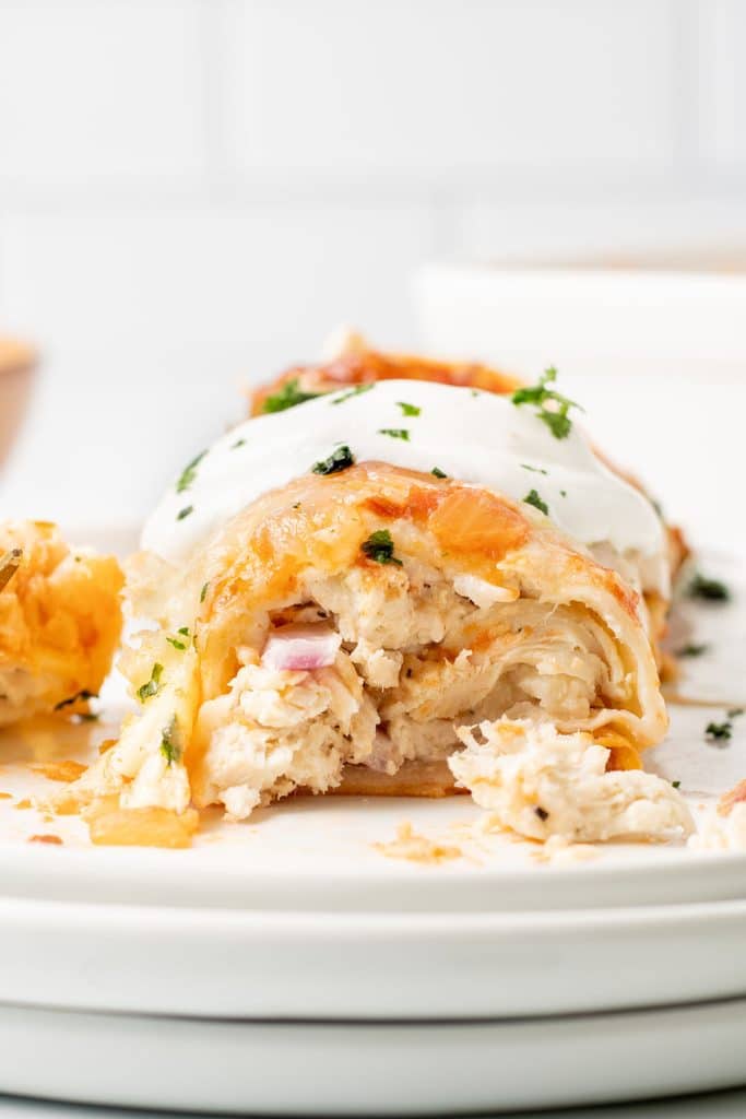 side view of the inside of a chicken enchilada.