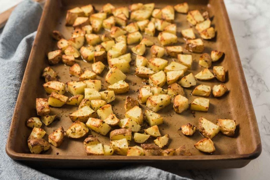 roasted potatoes on baking sheet