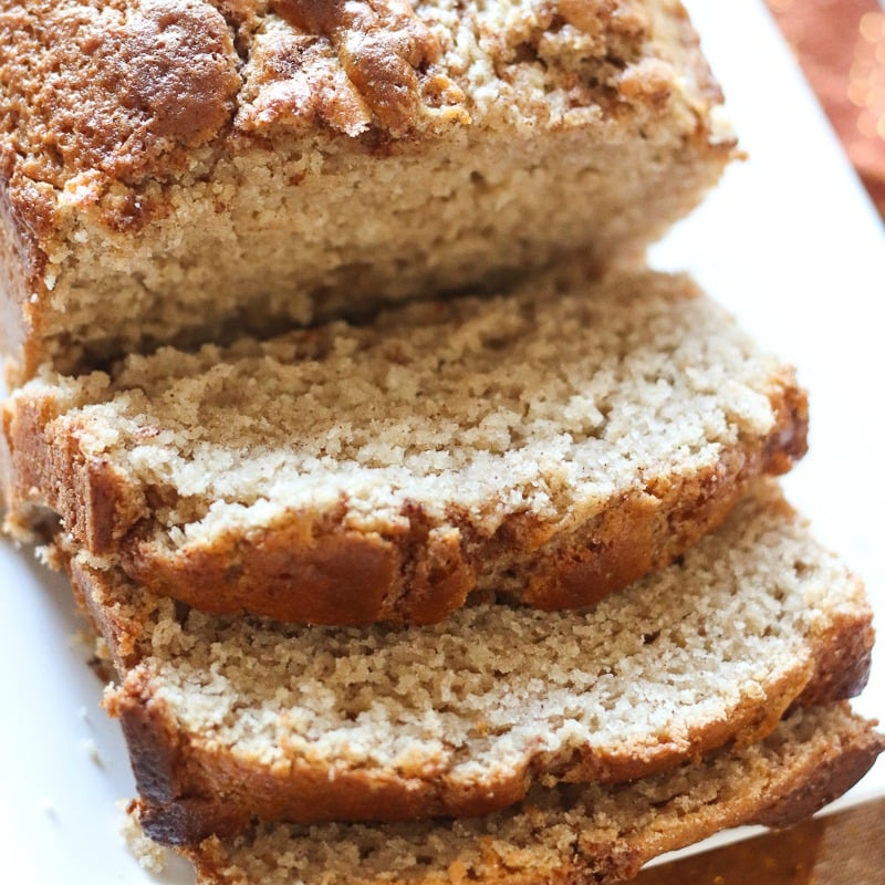 sliced cinnamon quick bread on white plate 