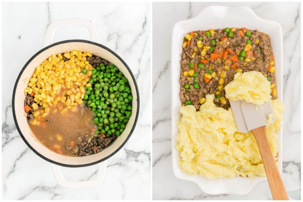 collage of photos showing gravy in pan and shepherd's pie in casserole dish