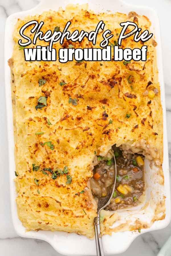 overhead shot of shepherd's pie with a scoop out of it