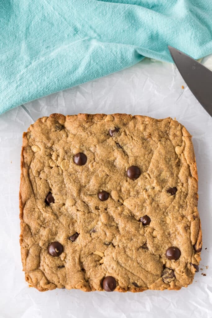 square of peanut butter blondies before slicing.