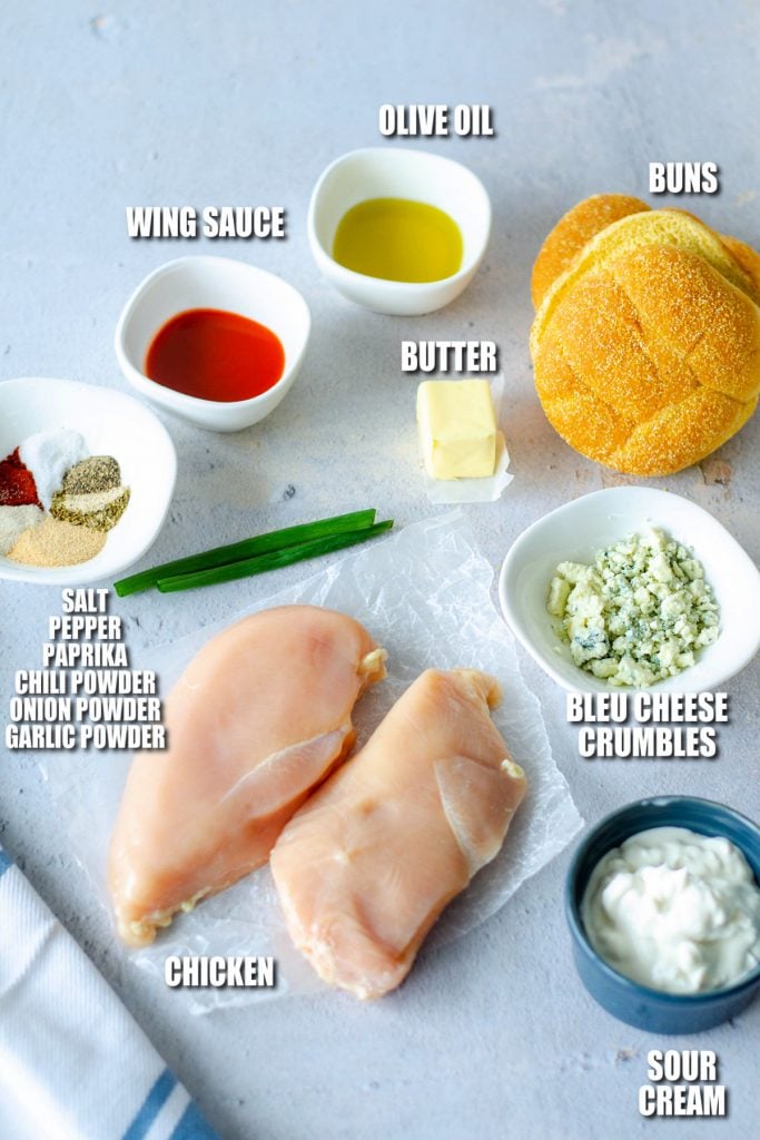 overhead shot of ingredients laid out to make chicken sandwiches