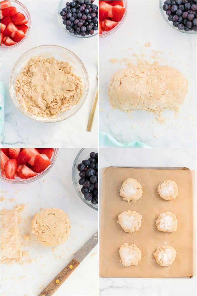collage of 4 photos showing the process of making berry shortcake dough.