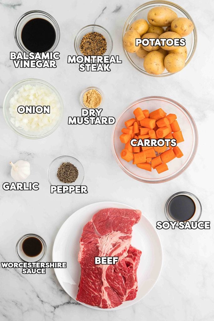 overhead shot of labeled ingredients laid out to make roast beef.