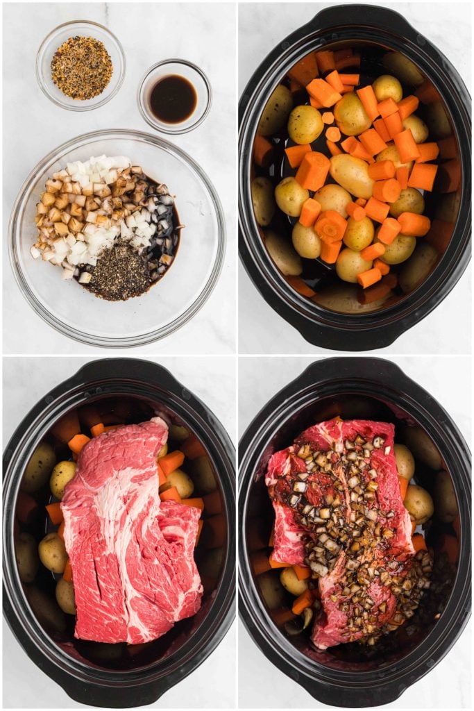 collage of 4 photos showing the process of making beef, potatoes, & carrots in the slow cooker.