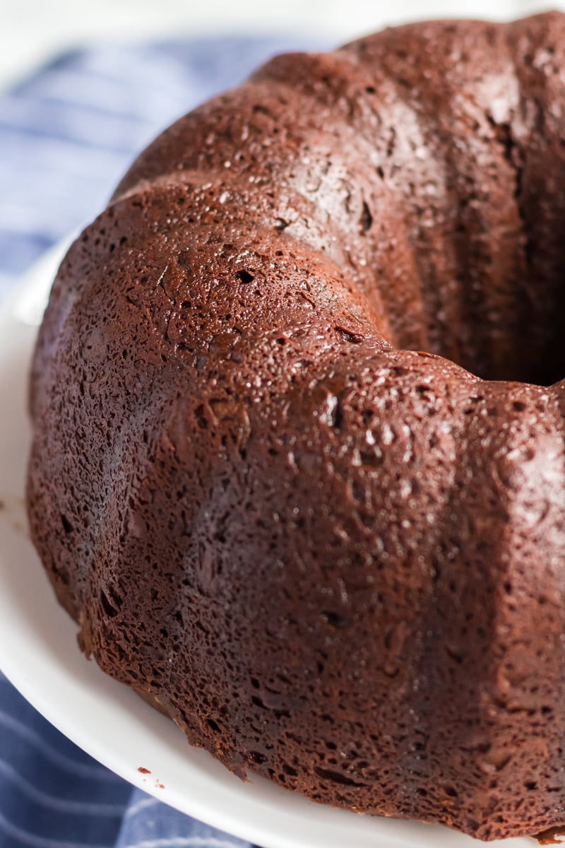 williams sonoma chocolate bundt cake on white platter 