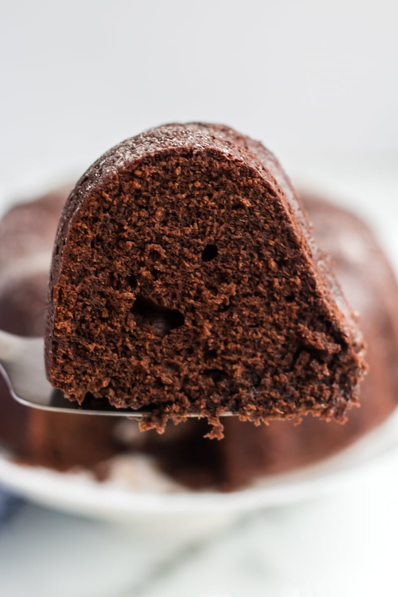 slice of williams sonoma sour cream chocolate bundt cake on serving knife 