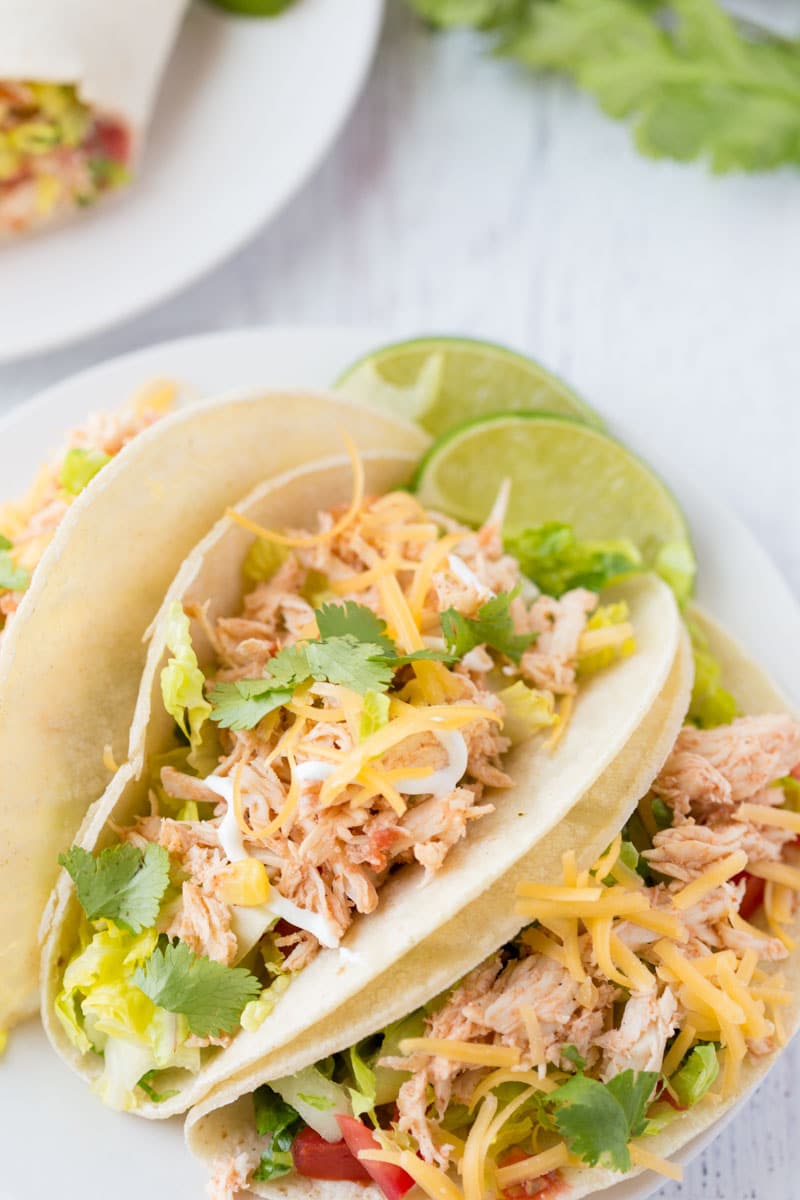 chicken tacos from slow cooker salsa chicken Three ingredient Crock Pot Salsa Chicken is in my regular dinner rotation because it's so easy & so good! Flavorful and versatile, this crockpot chicken breast recipe can be made into burritos, taco bowls, nachos, whatever you feel like! | www.persnicketyplates.com