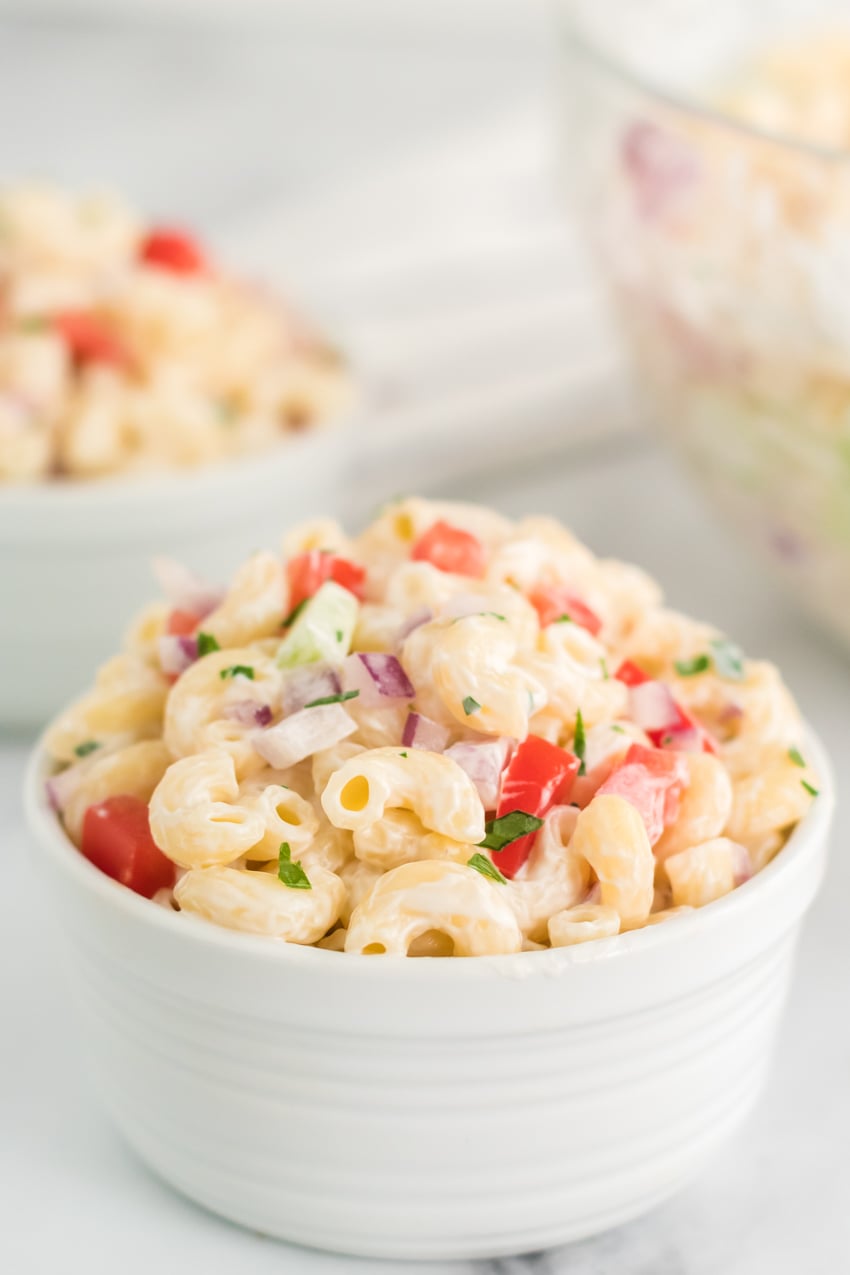 macaroni salad in white bowl