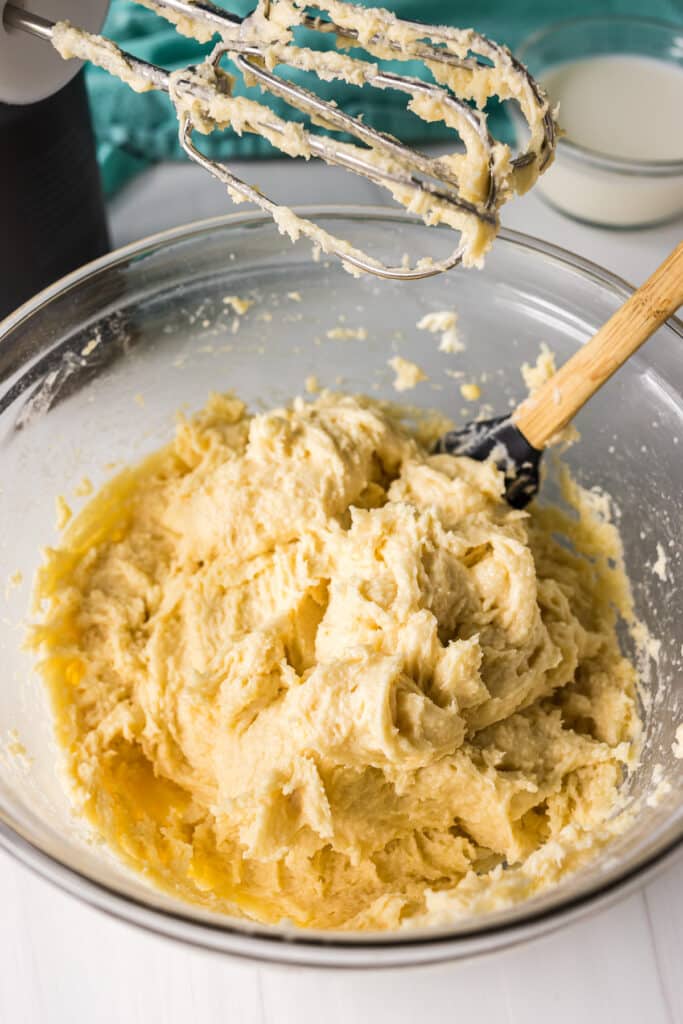 thick coffee cake batter in a glass mixing bowl.
