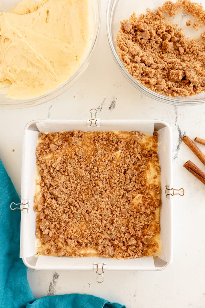 cinnamon filling sprinkled over cake batter.