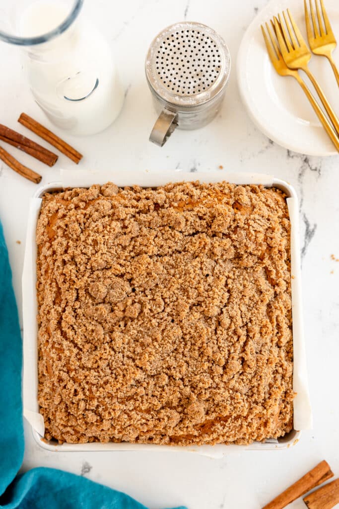 square coffee cake in a baking dish.