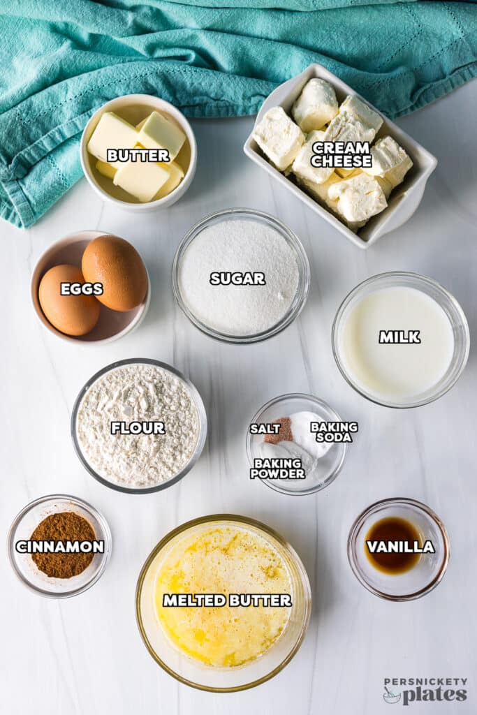 overhead shot of labeled ingredients laid out to make coffee cake.