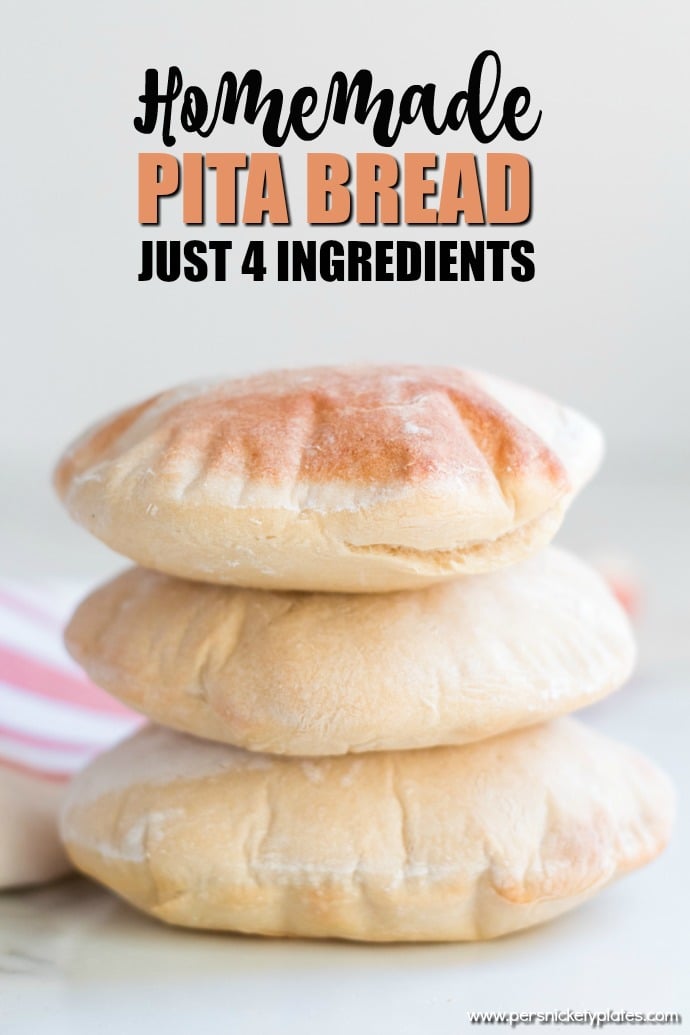 Did you know you can make homemade pita bread with just four ingredients that you likely have in your pantry? You can! And it's really good. | www.persnicketyplates.com stack of 3 homemade pita breads with text overlay