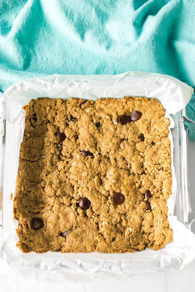 oatmeal peanut butter bars in a baking dish.