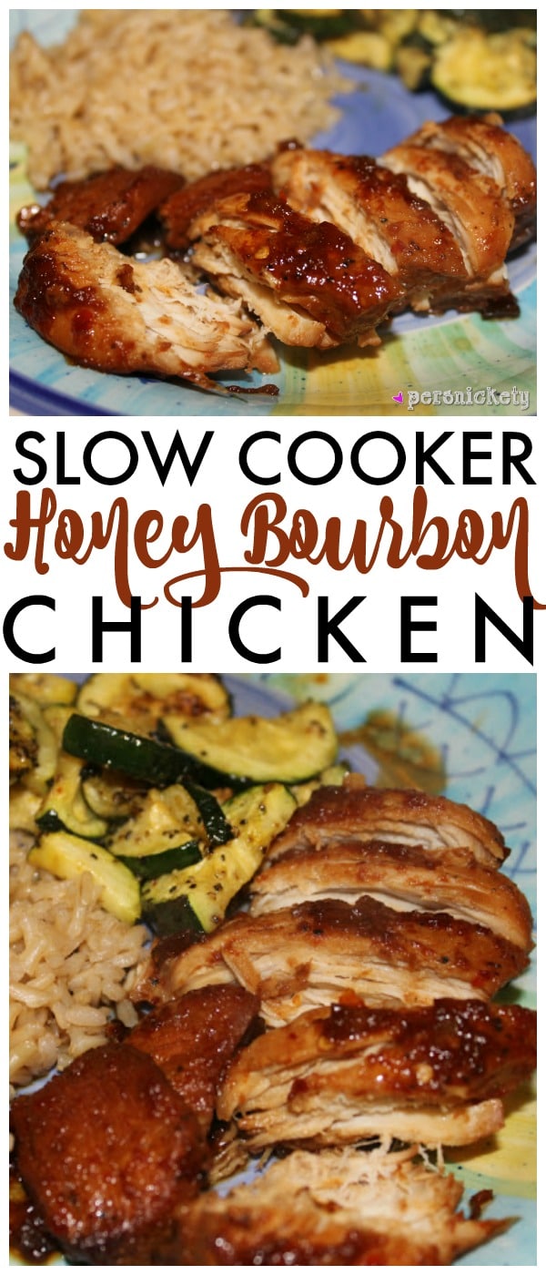 collage of slow cooker bourbon chicken plated collage of photos of bourbon chicken with text reading "slow cooker honey bourbon chicken".