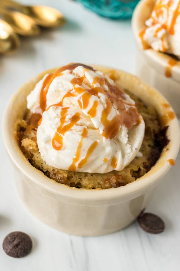 chocolate chip cookie a la mode in a ramekin.