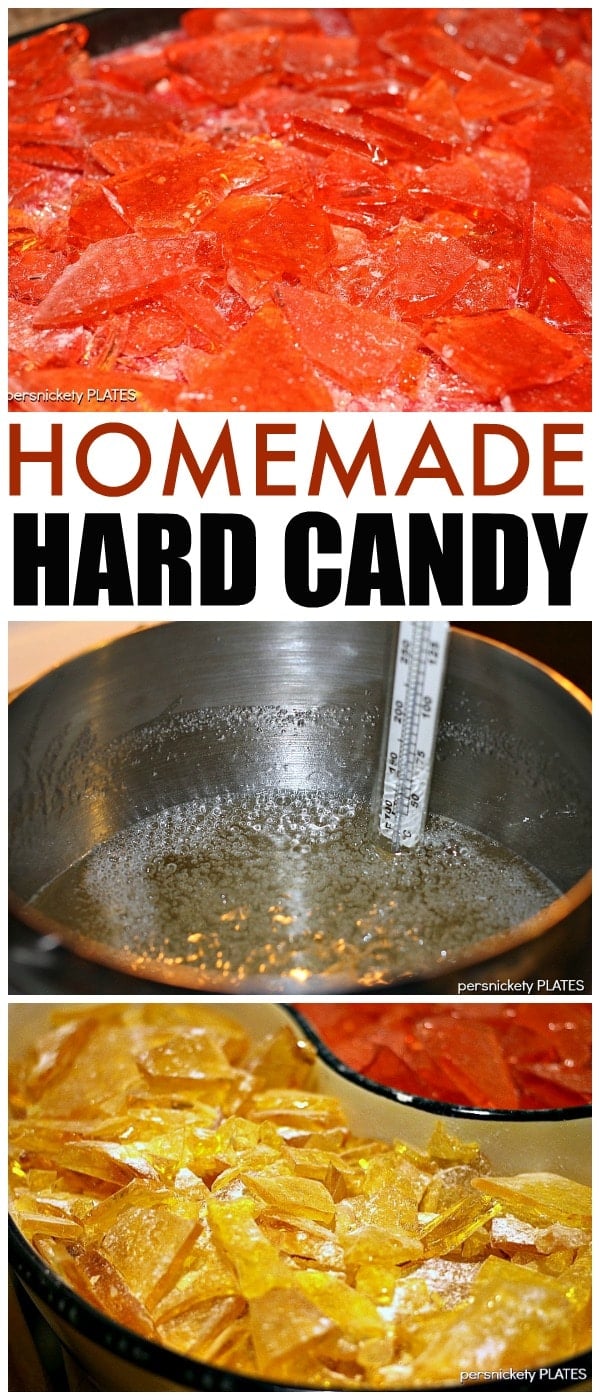Homemade Hard Candy is easy to make and really easy to customize to whatever flavor and color you want! This hard candy recipe will become a favorite in your family. | www.persnicketyplates.com #hardcandy #candy #christmascandy #christmas collage of homemade hard candy making