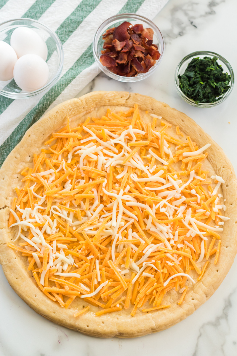 Bacon & spinach breakfast pizza is a filling and unique way to start your day. Pizza for breakfast is always a good idea! | www.persnicketyplates.com #pizza #breakfast #breakfastpizza #easyrecipe pizza crust covered in shredded cheese