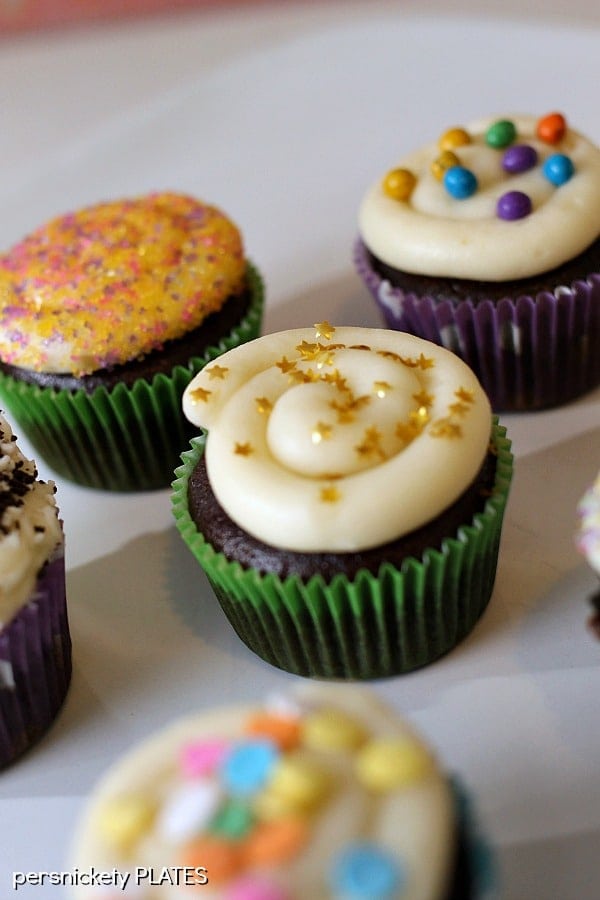 Chocolate Cupcakes Filled with Vanilla Buttercream are delicious, moist chocolate cupcakes topped stuffed and topped with a fluffy vanilla buttercream frosting. | Persnickety Plates