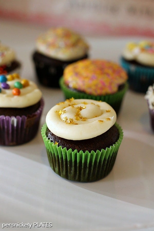 Chocolate Cupcakes Filled with Vanilla Buttercream are delicious, moist chocolate cupcakes topped stuffed and topped with a fluffy vanilla buttercream frosting. | Persnickety Plates