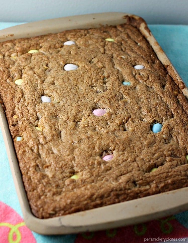 full pan of Cadbury Mini Eggs Cookie Bars in jelly roll pan cookie bars in jelly roll pan