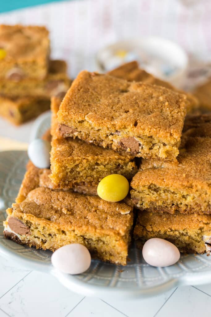 plate of cookie bars stacked up.