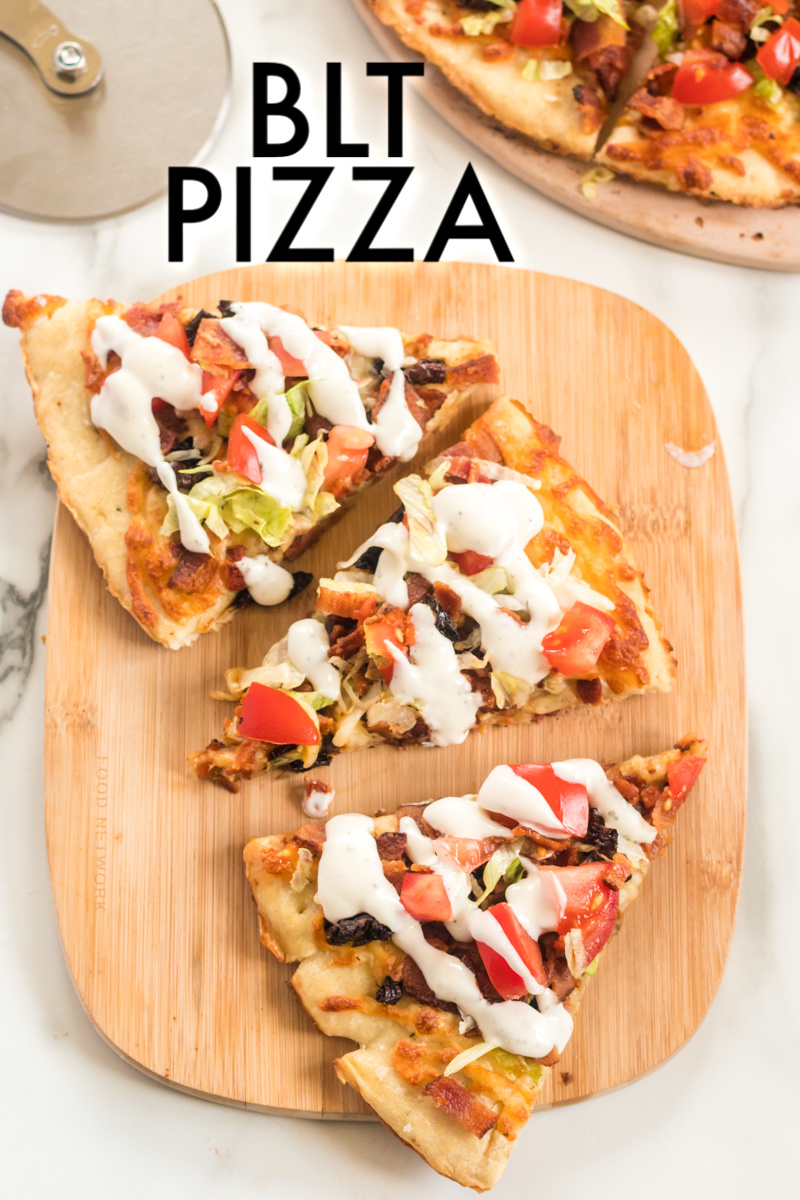 This BLT Pizza is semi-homemade and topped with cheese, bacon, lettuce, and tomatoes then drizzled with ranch dressing - a super easy meal for pizza night at home! | www.persnicketyplates.com 3 slices of blt pizza on wood cutting board drizzled with ranch dressing