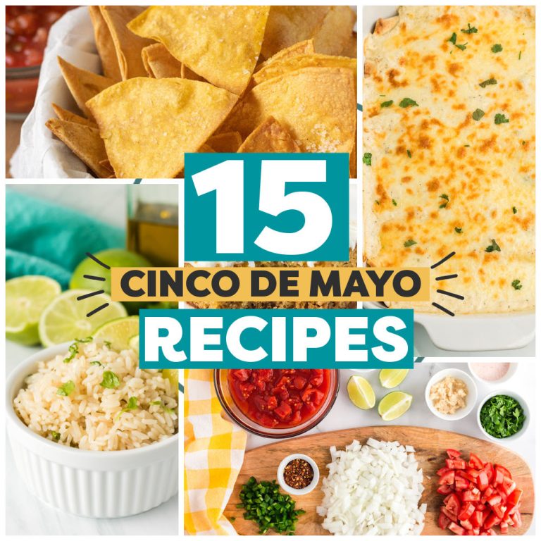 collage of mexican food pics with text reading "15 cinco de mayo recipes".