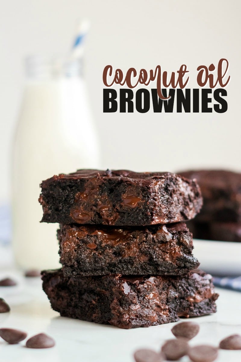 Coconut Oil Dark Chocolate Brownies are made with coconut oil instead of butter. Only 6 simple ingredients in these "from scratch" brownies - give them a shot! | www.persnicketyplates.com stack of 3 chocolate brownies