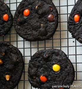 Persnickety Plates: Dark Chocolate Reese's Pieces Heath PB Chip Cookies