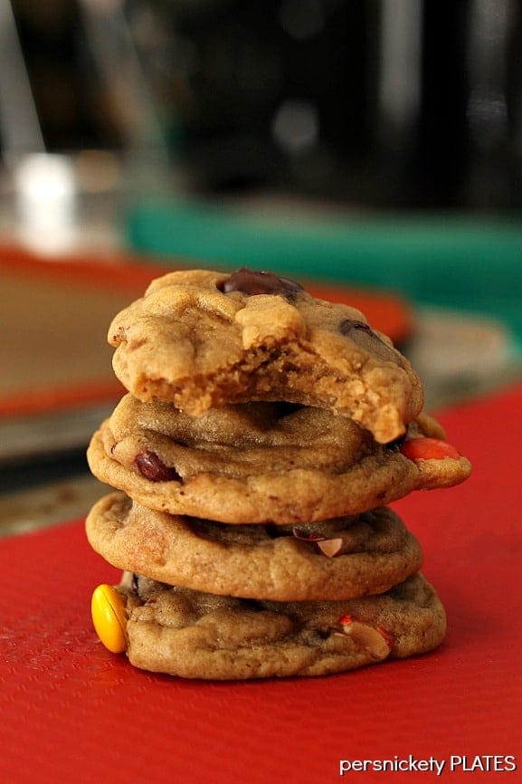 Soft Baked Reese's Pieces Chocolate Chips Cookies | Persnickety Plates