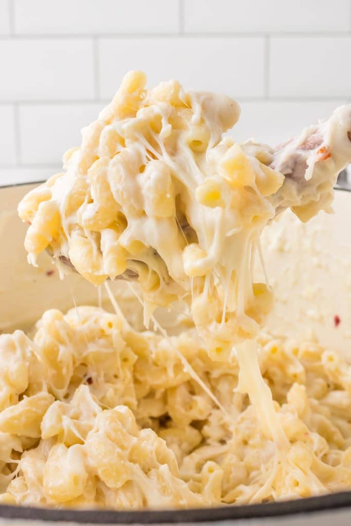 spoon lifting stretchy cheese macaroni from a pot.