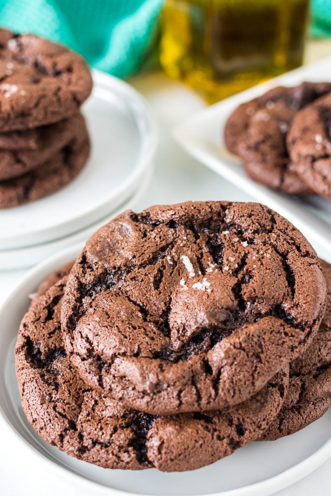 plate of thick chocolate brownie cookies on a white plate