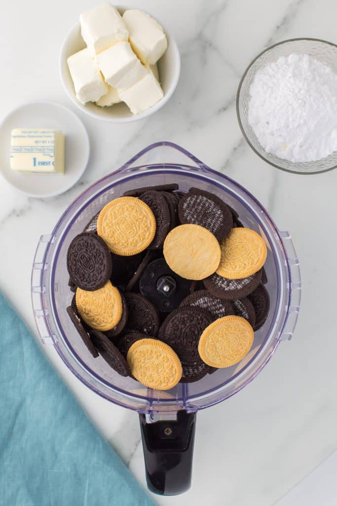 overhead shot of oreo cookies in a food processor.