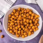 overhead shot of a bowl of crispy chickpeas.