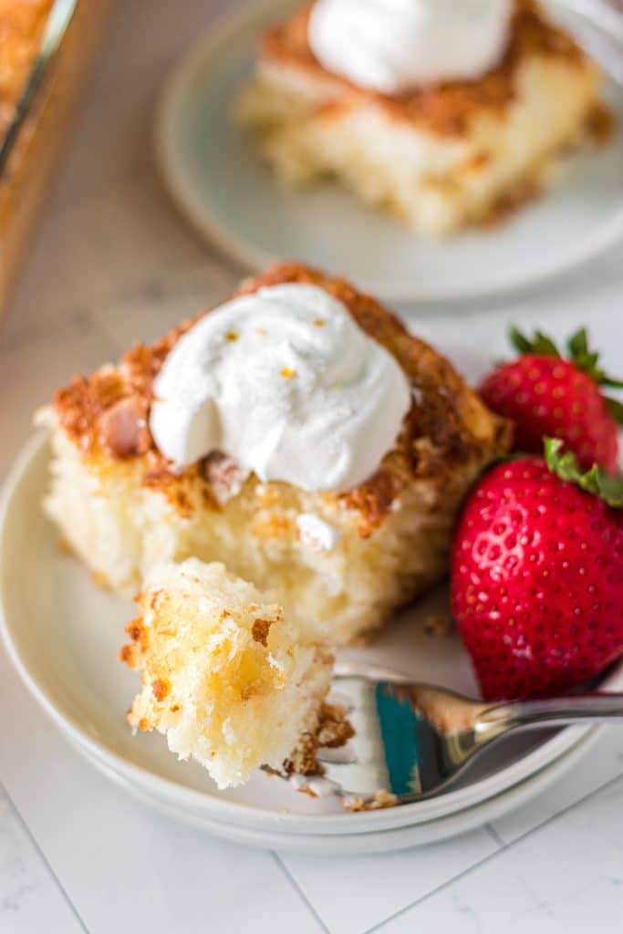 bite of pineapple angel food cake on a fork.