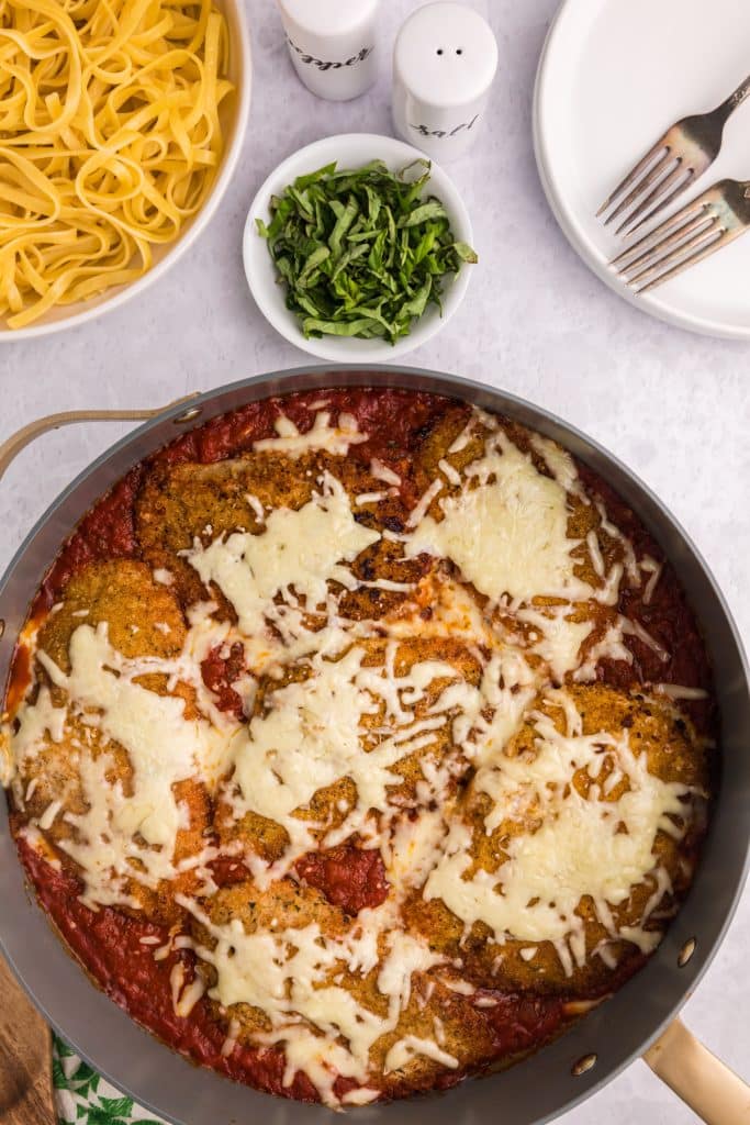 overhead shot of mozzarella chicken skillet.