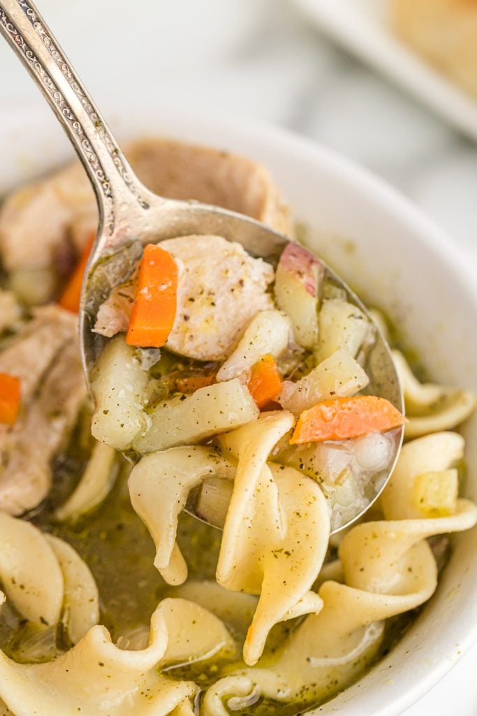 spoon lifting a bite of chicken noodle soup from a bowl