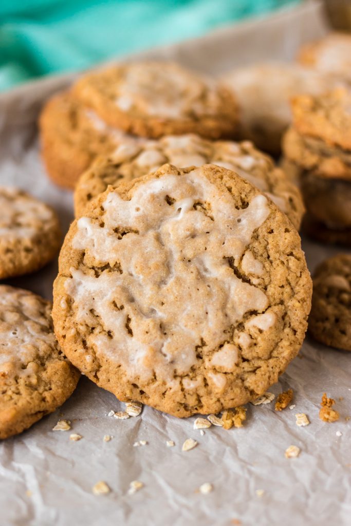 closeup of a frosted oatmeal cookie