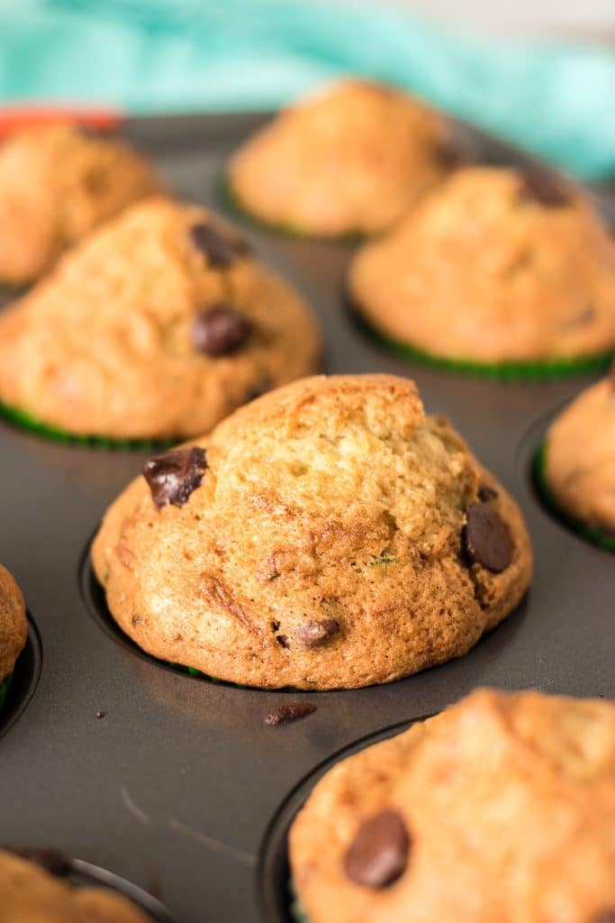 chocolate chip zucchini muffins in a muffin pan.